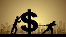 Illustration depicting the silhouettes of two graduate students pushing a giant dollar sign against the backdrop of a city