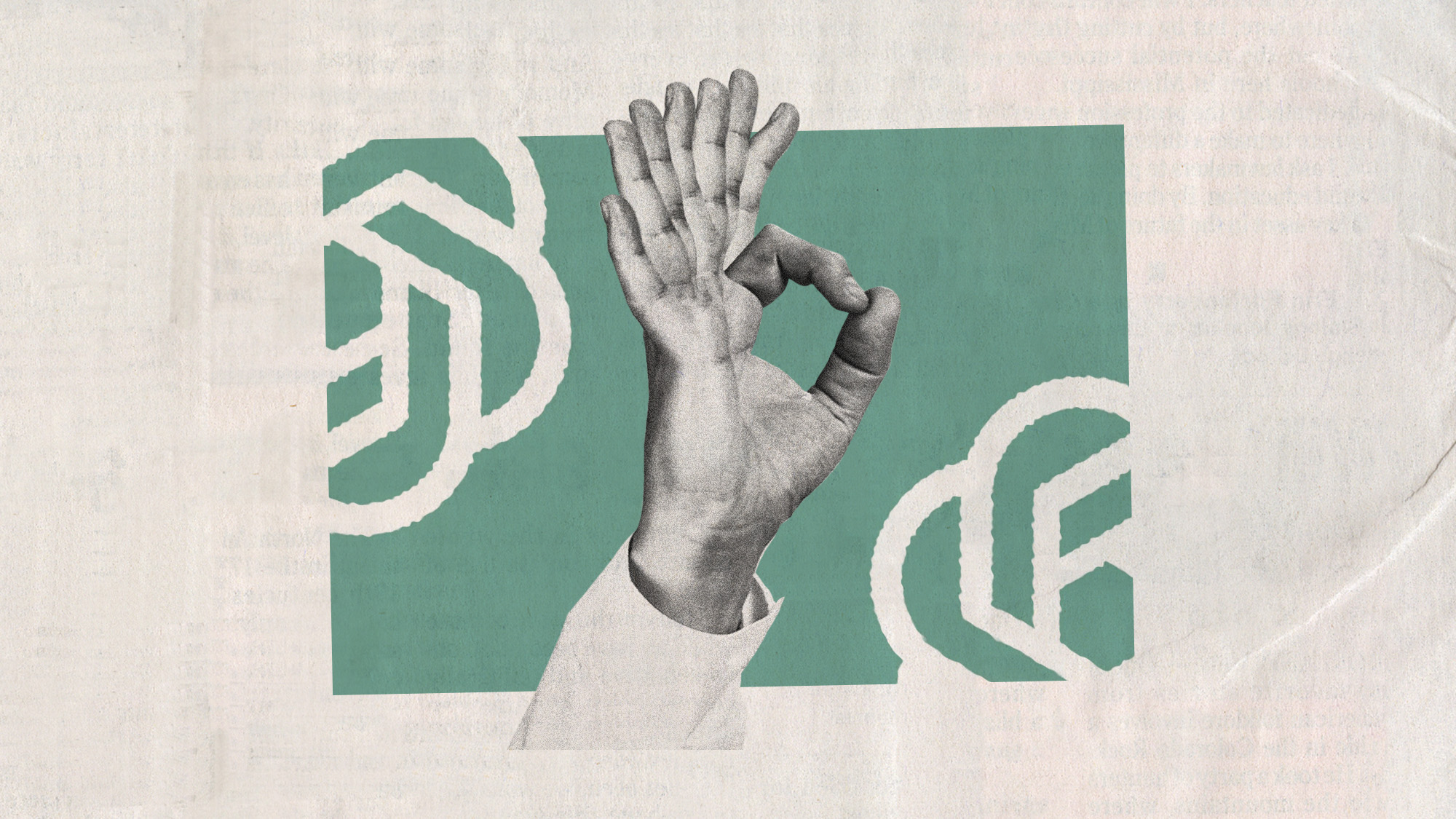 Photo collage of a hand with 9 fingers showing the "OK" sign. 