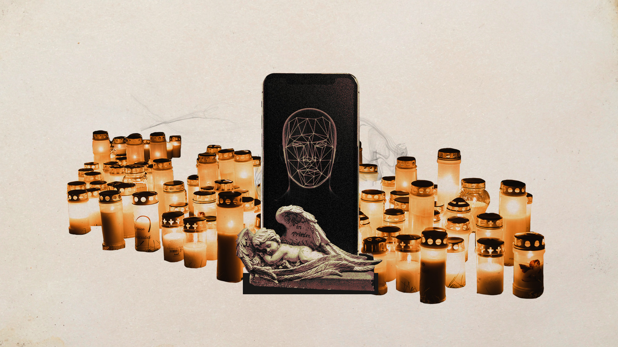 Photo collage of a smartphone on a gravestone, with a digital face on it