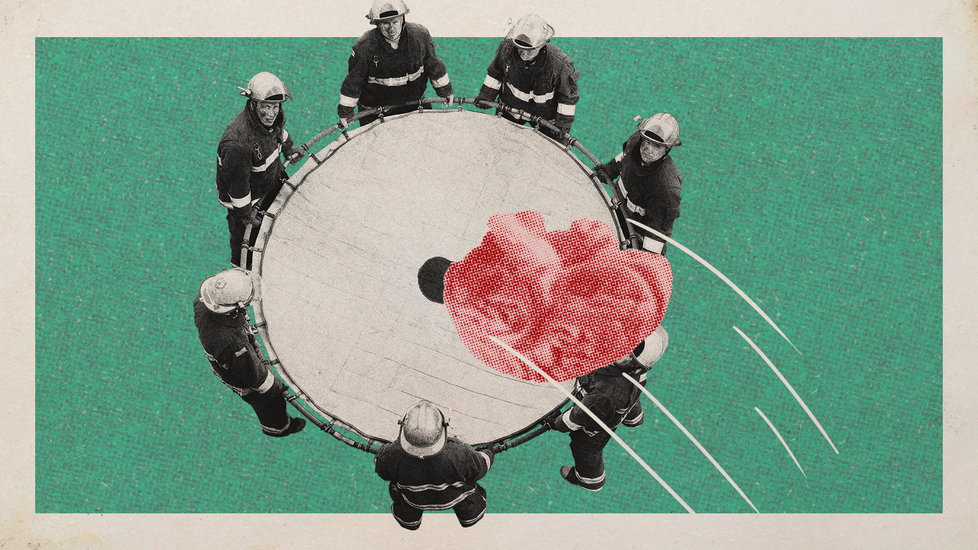 Photo collage of a group of firefighters catching a brain into a safety net