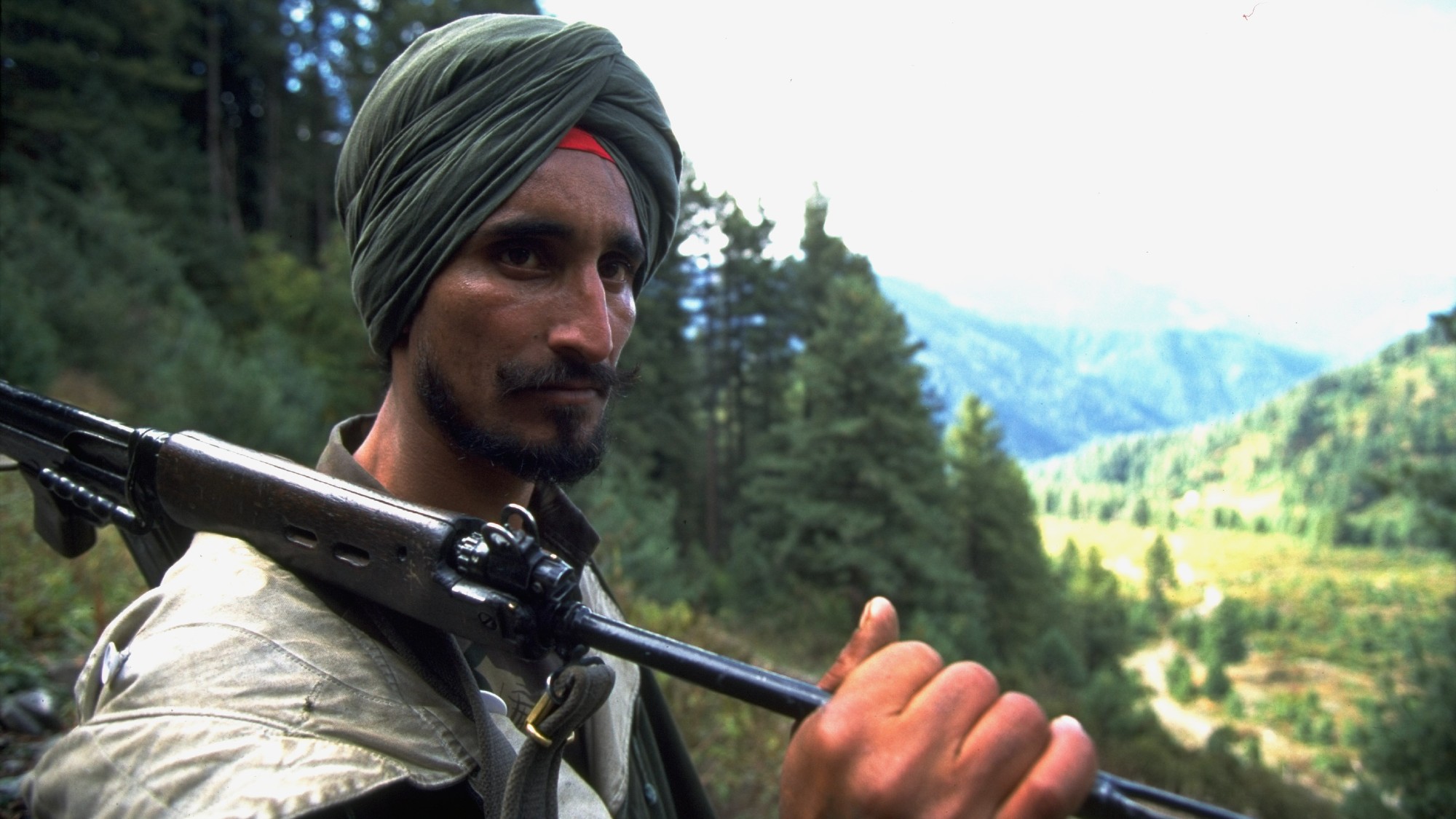 A 1995 photograph of a Sikh soldier at an Indian Army base camp in Kashmir's Shamshabari mountains, along the border with Pakistan
