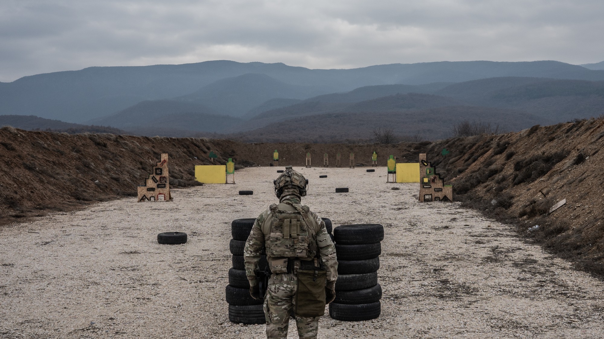 A Spanish soldier stands at a firing range during a Nato exercise in Tsrancha, Bulgaria