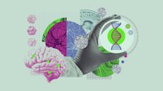 Illustration of a brain scan, living cells, DNA helix and scientist holding a petri dish