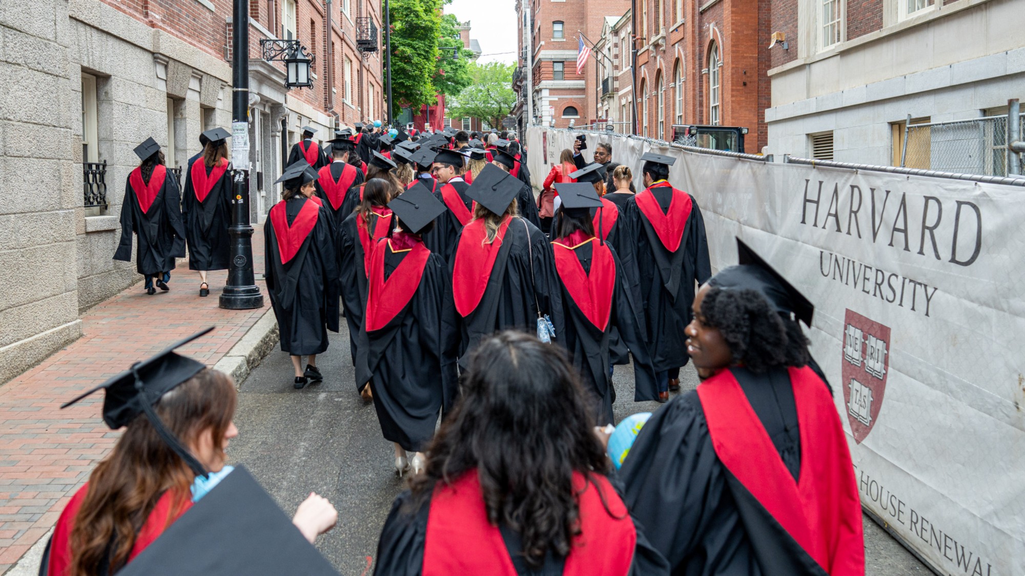 Graduates of Harvard University walk through the campus during commencement on May 29, 2025.