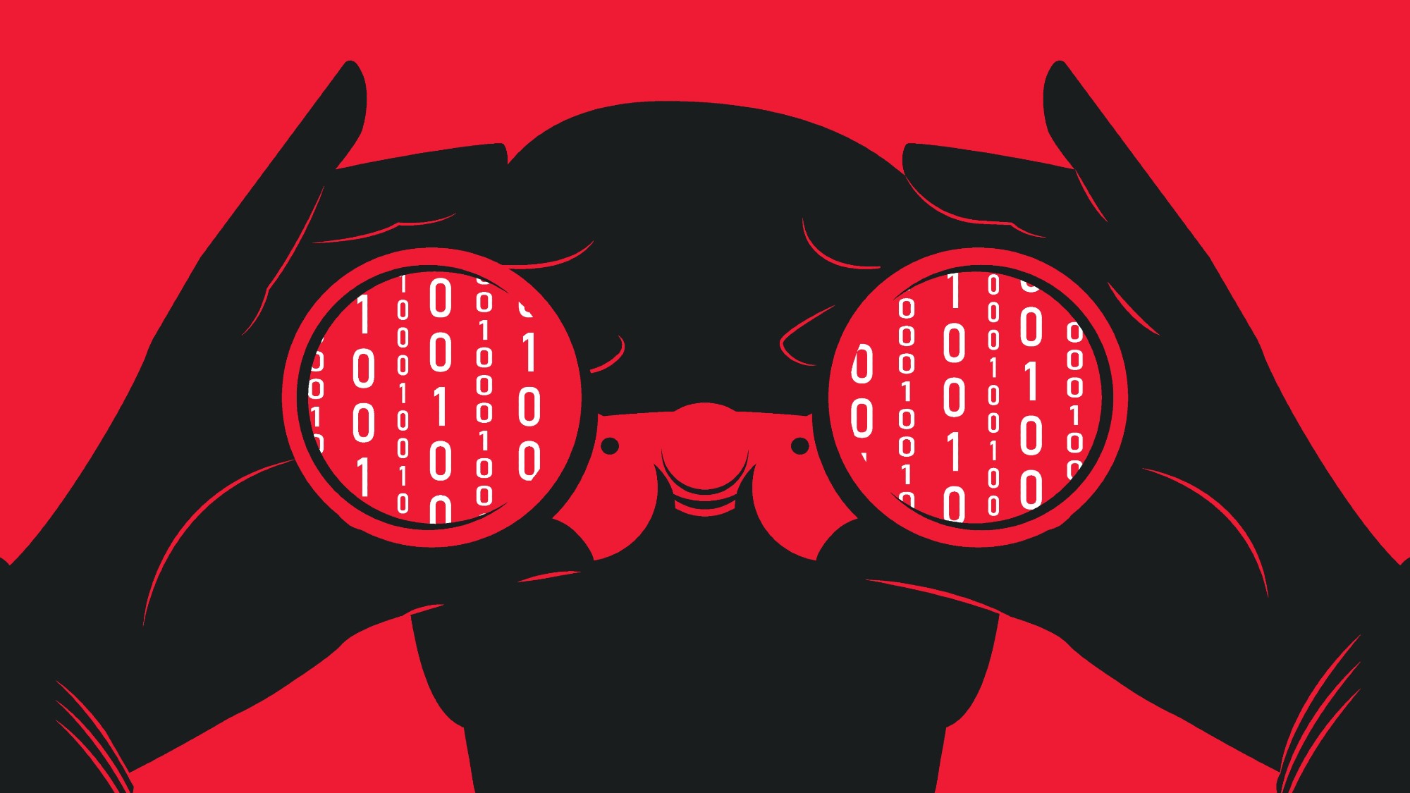 Illustration of a hacker looking through binoculars with binary code
