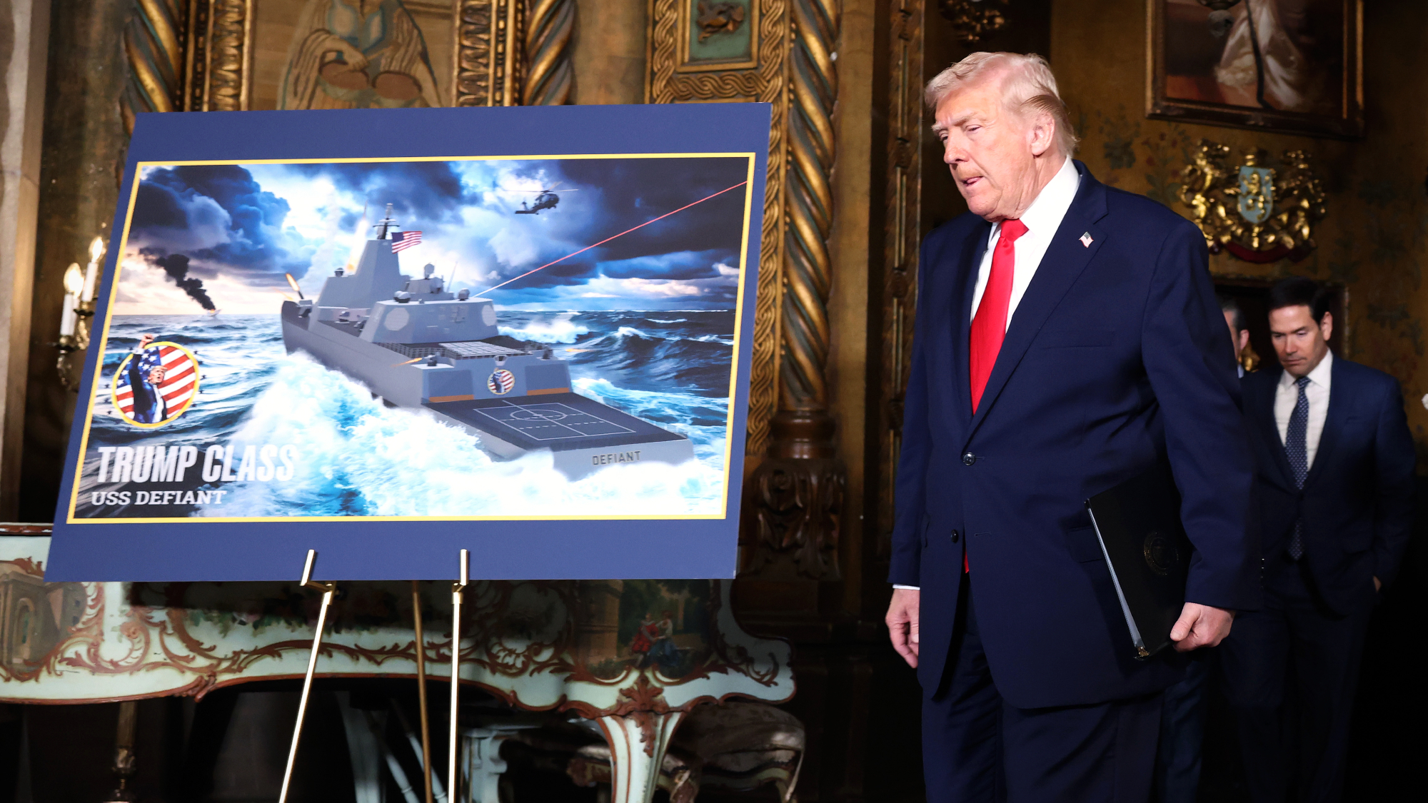 President Donald Trump unveils sketches of a new "Trump class" U.S. "battleship" at Mar-a-Lago.
